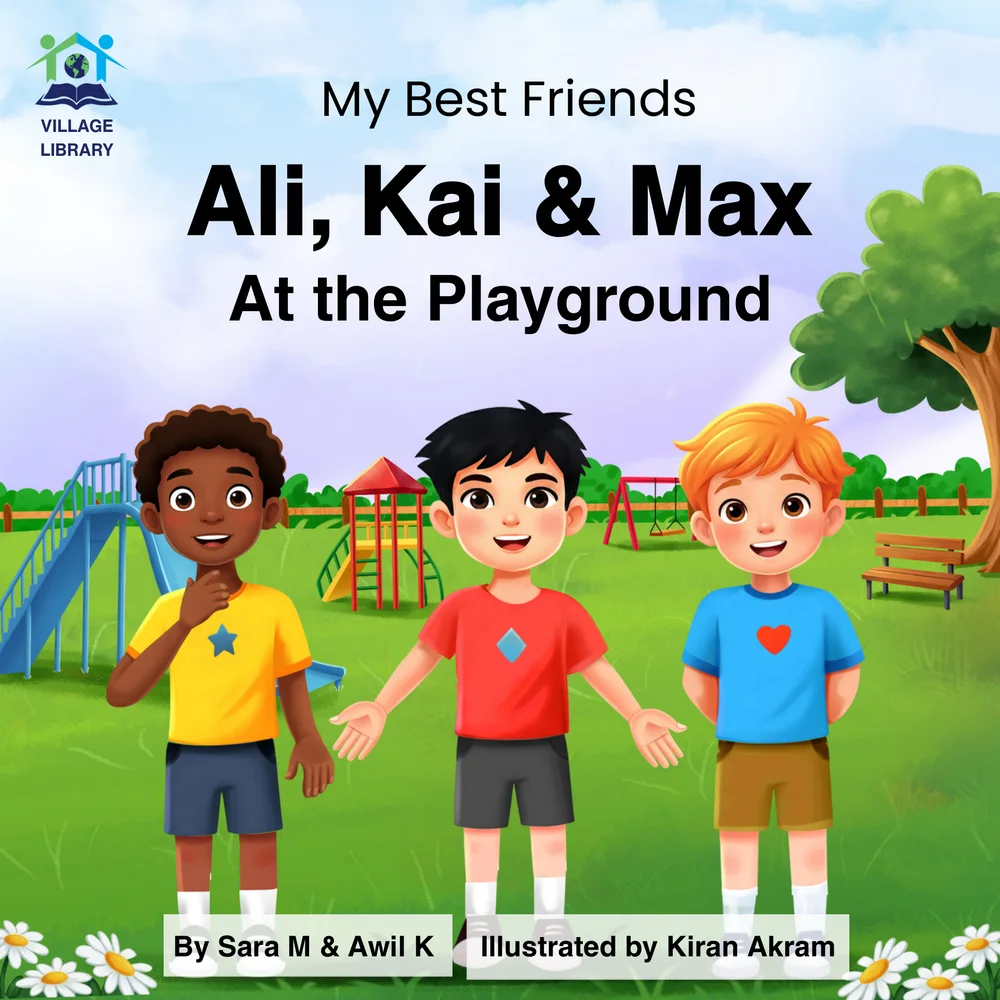 Cover of Ali, Kai and Max at the Playground: three smiling friends in a sunny park.